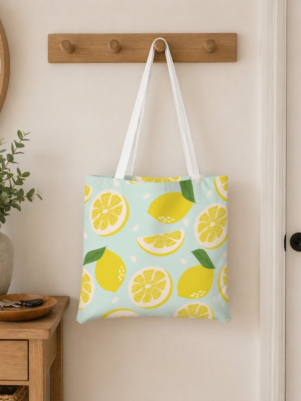 Lemon Print Cotton Tote Bag Cute Aesthetic Shoulder Bag Large Reusable Grocery